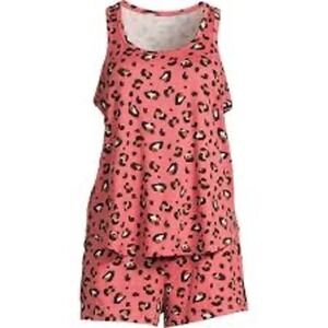 JOYSUPUN Leopard Print Tank Top Shorts Pajama Set Women's Size M Coral Lounge